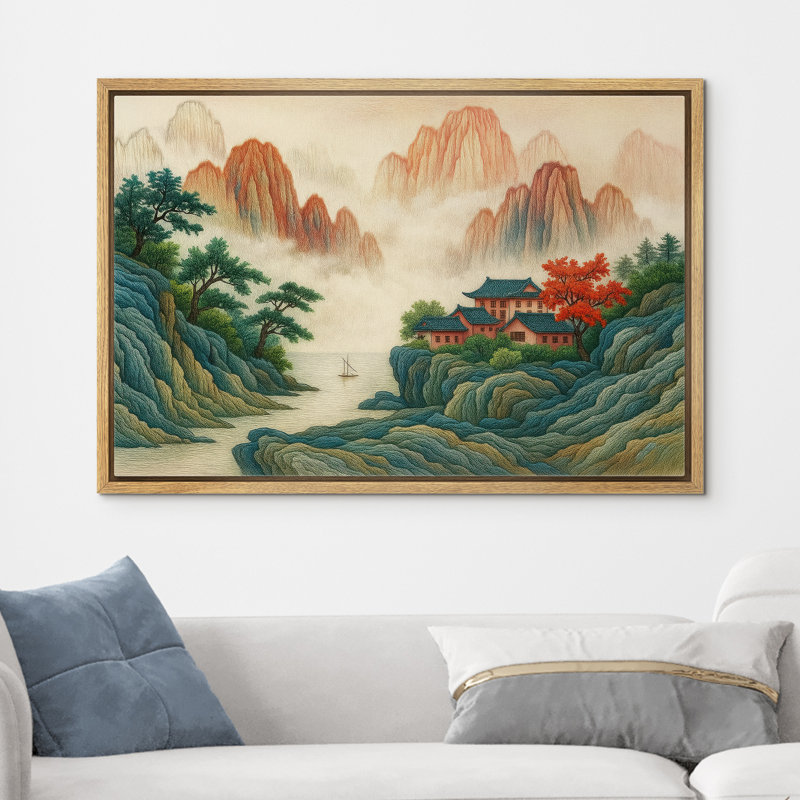 «Asian Mountain Village Lakeside Landscape Art», reproduction d'art sur toile encadrée dans la chambre principale, Naturel