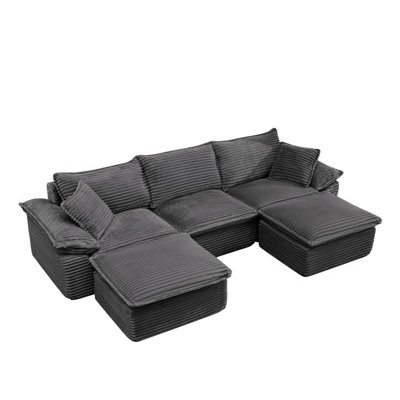 113" Sectional Sofa - U-Shape Sofa-Oversized Corduroy Cloud Couch With Movable Ottoman Soft Modern Comfy And No Assembly Sofa Set For Living Room Apartment Office, Grey