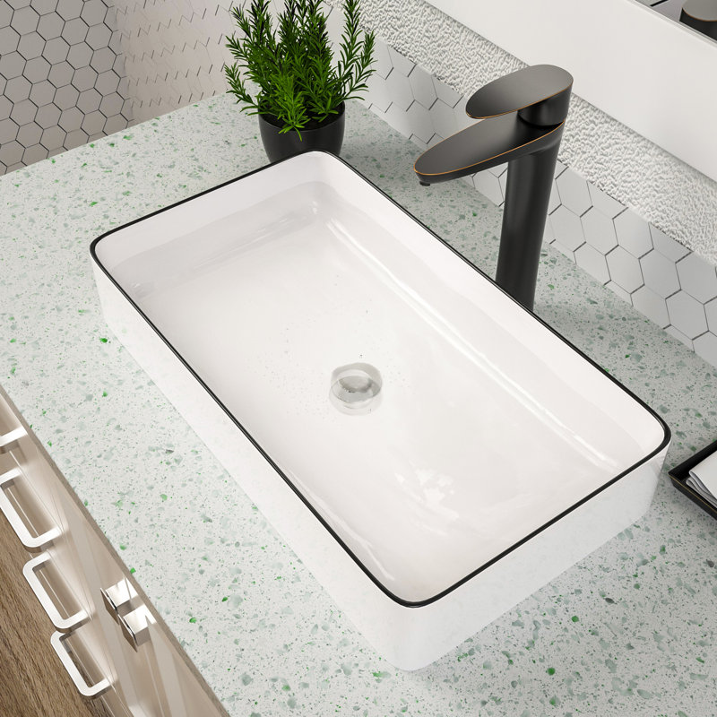24"X14" White Ceramic Rectangular Drop-in Bathroom Vessel Sink, Matte Black