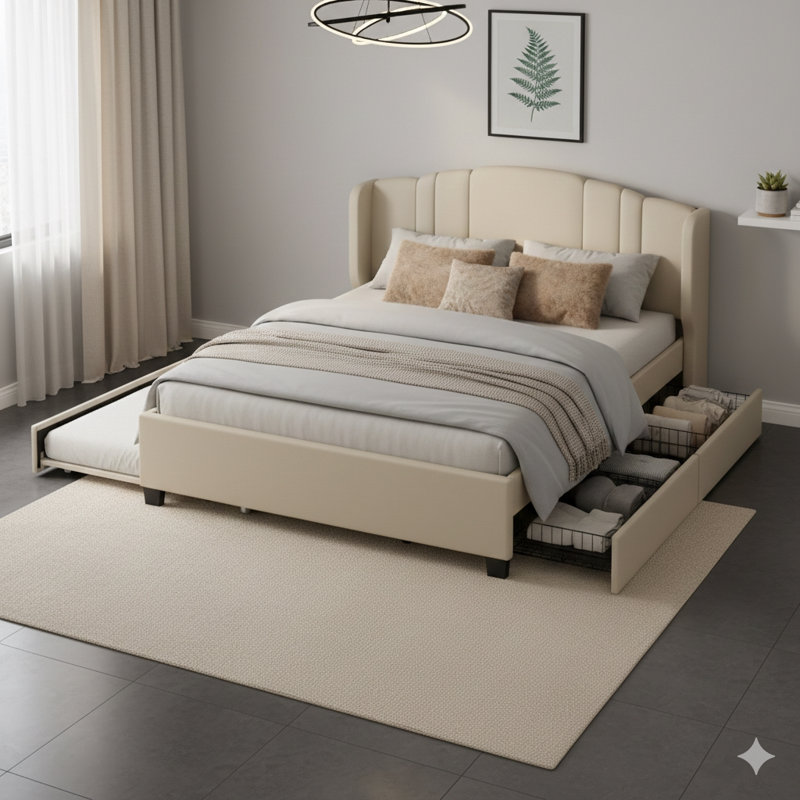 Lit plateforme tapissier avec tête de lit à oreilles, comprenant un lit gigogne simple et deux tiroirs, aucun sommier tapissier, recouvert de tissu en lin, grand lit, en beige.