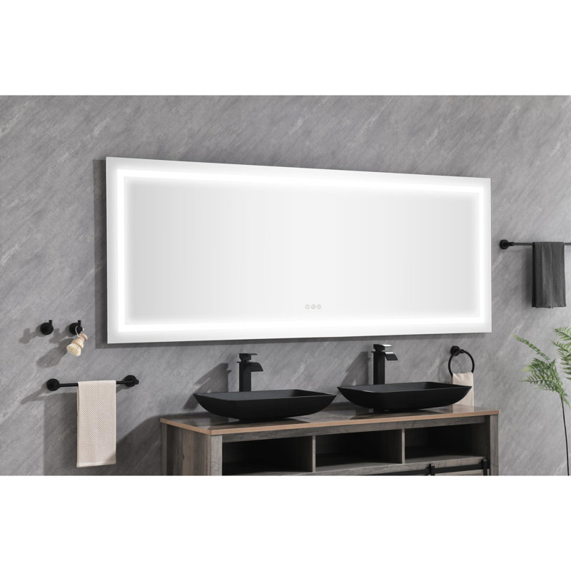 Miroir de salle de bain 84 po x 30 po avec DEL, fixation murale, fonction brouillard, 3 couleurs, luminosité réglable en continu, miroir en verre Hd 84 de 30 po, brouillard, fonction mémoire, couleurs, gradation continue,