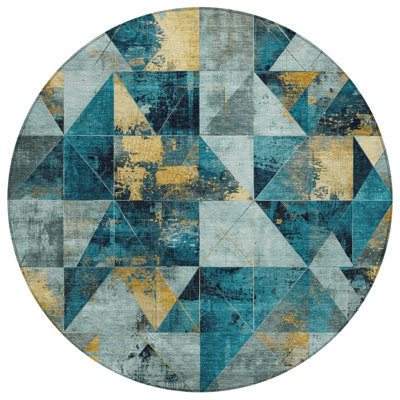 Machine Washable Indoor/Outdoor Xhevrie Teal Rug
