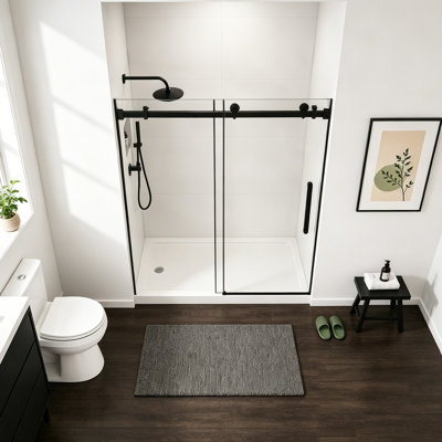 Porte de douche coulissante simple sans cadre l 48 po x H 76 po, verre trempé transparent de 1/4 po avec film antidéflagrant, rail et poignée en tube d'acier inoxydable noir mat