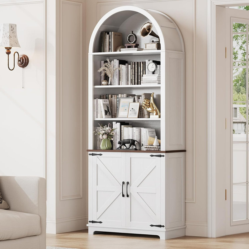 6-tier Farmhouse Arched Bookcase With Doors And Open Display Shelves – White, Milky White