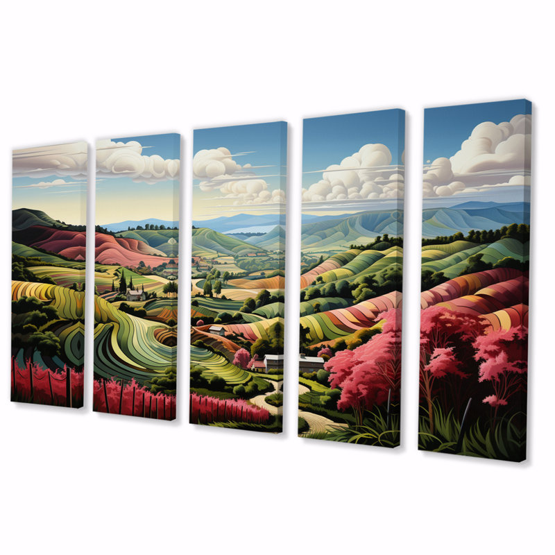 «Pink Vineyard Rows Of Ruby», reproduction sur toile de campagne - 5 panneaux égaux