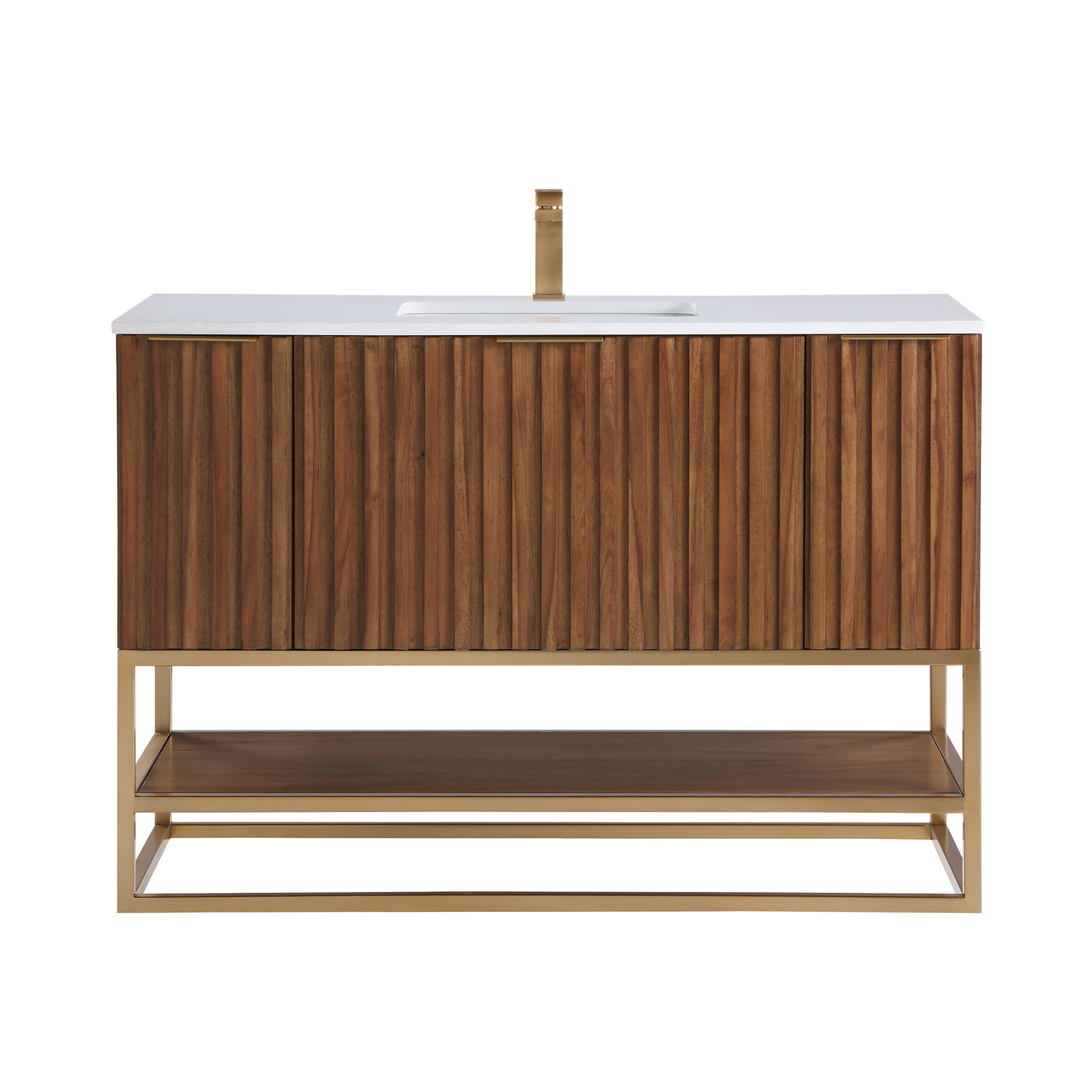 Terra 48'' Single Bathroom Vanity, White Quartz/Single Faucet Mount, Walnut, Satin Brass
