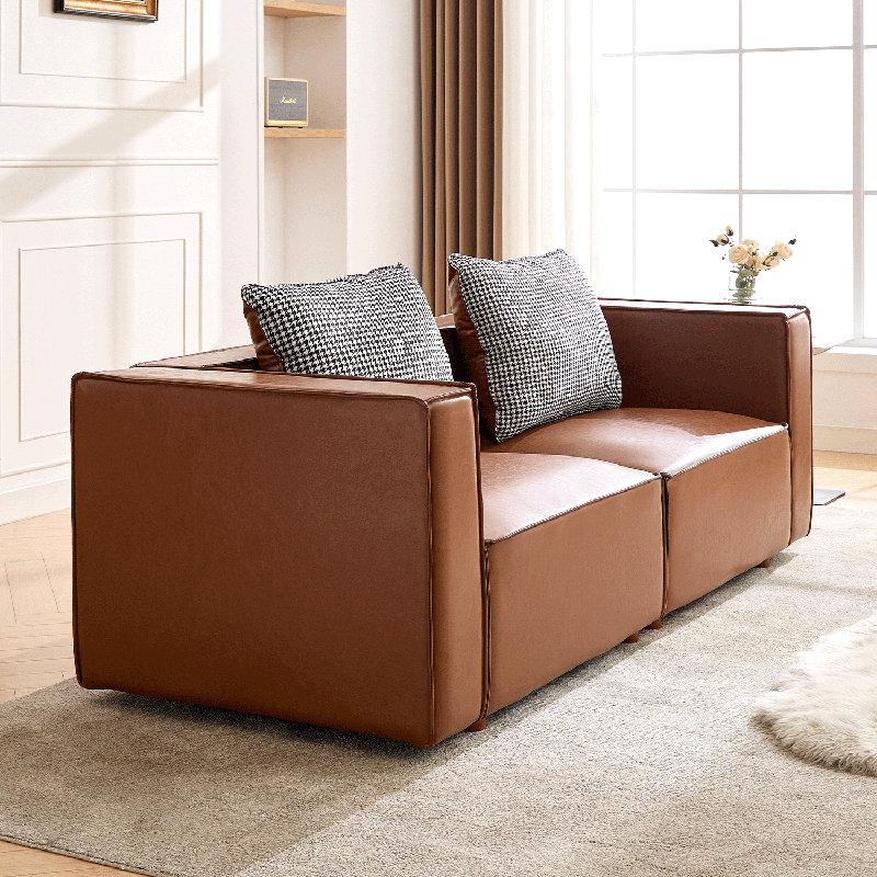 84.25” Leather Upholstered Oversized Seating Sofa With Reversible Cushions, Brown
