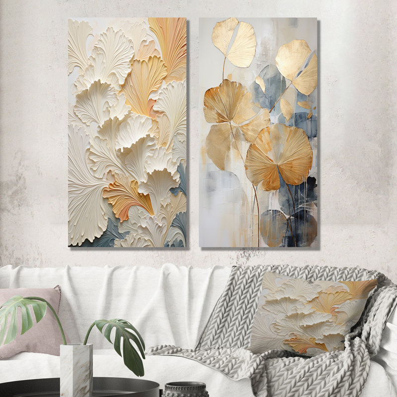 Ensemble de 2 décorations murales modernes Modern Golden Beige Plam Tree - Abstract Botanicals, H 28 po x l 24 po