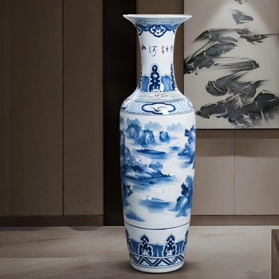 70.87"Jingdezhen ceramic blue-and-white hand-painted floor-standing large vase decorative item
