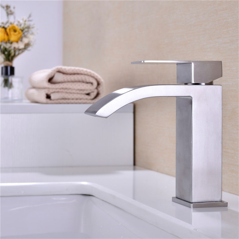 Robinet de lavabo de salle de bain à poignée simple à cascade simple avec très grand bec rectangulaire, Nickel brossé