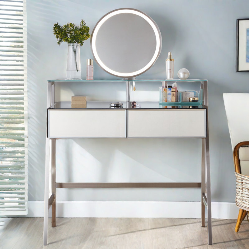 Coiffeuse Fumiaki avec miroir éclairé, 2 tiroirs, une tablette ouverte, des boîtes de rangement et une station de charge