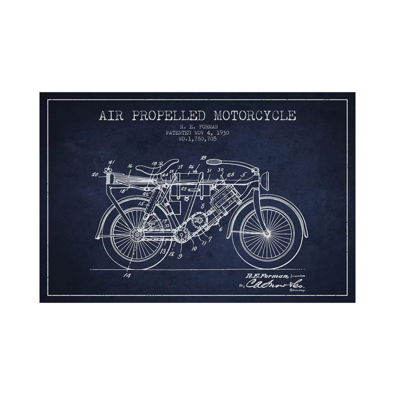 R.E. Forman Air-Propelled Motorcycle Patent Sketch (Navy Blue) by Aged Pixel - Wrapped Canvas Print