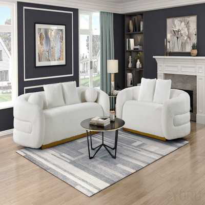 Living Room Sofa Set 2pc Sofa Loveseat White And Gold Soft Fabric Upholstered Matching Pillows Solid Wood Furniture