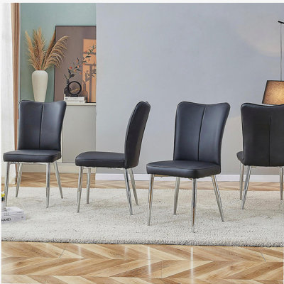 Ensemble de table et chaises de salle à manger moderne et simple, dossier incurvé en cuir de polyuréthane noir et coussin de siège, pieds en métal galvanisé, convient au restaurant, à la chambre à coucher et au salon. Ensemble 4 pièces