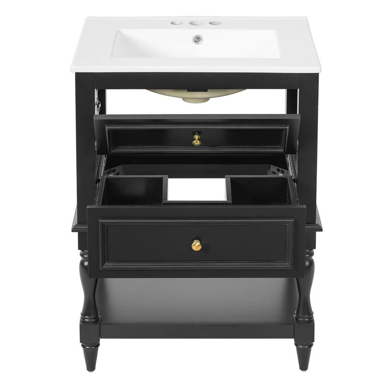 Meuble-lavabo simple 24 po avec plateau en céramique, Noir, Gold