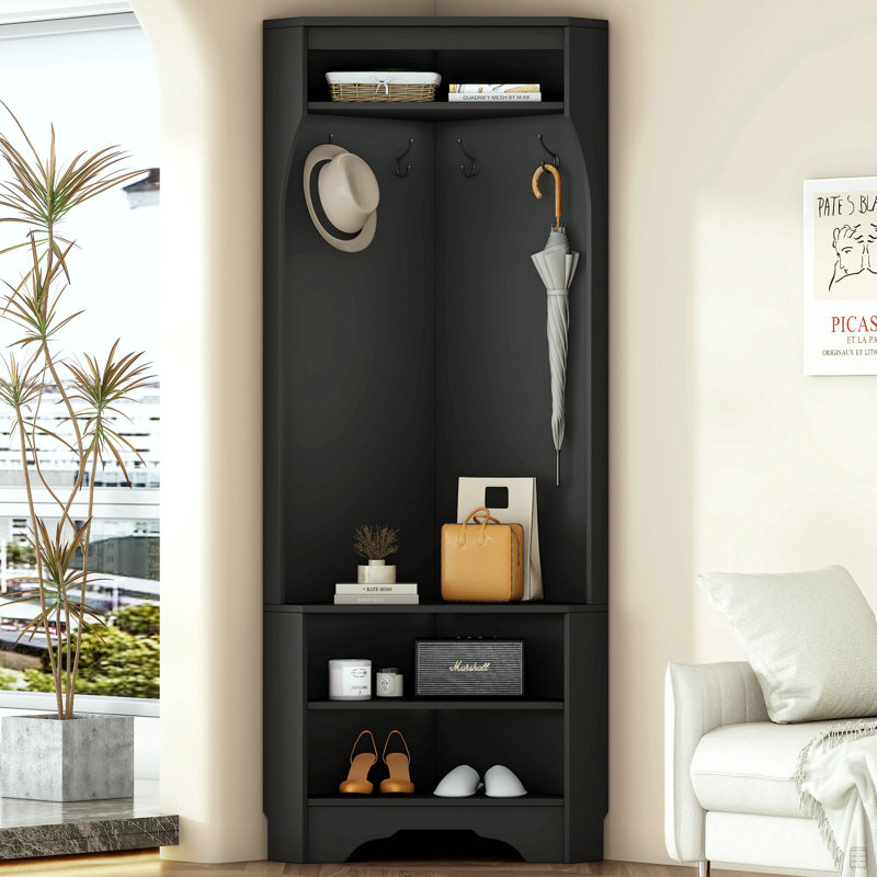 Corner Hall Tree With Shoe Bench, Versatile Entryway Coat Rack With 4 Hooks, Corner Cabinet With Adjustable Shelf