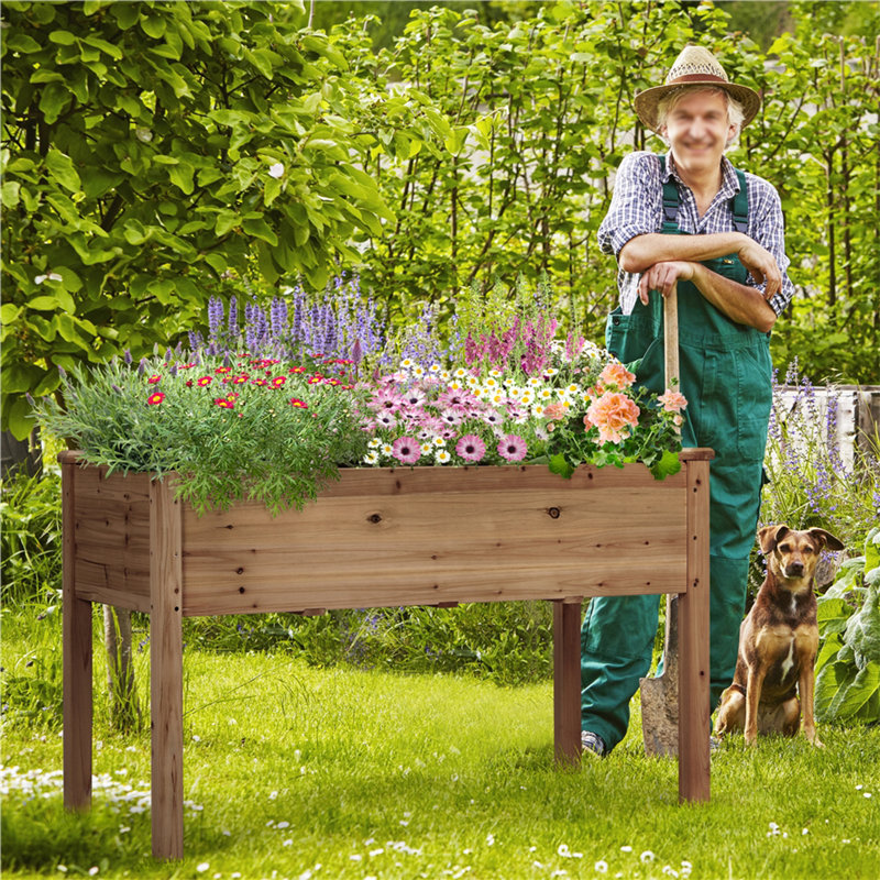 Rigney  Outdoor Fir Wood Elevated Planter with Fabric Liner & Drainage Holes, Dark Brown, 30" H x 47.5" W x 23.5" D