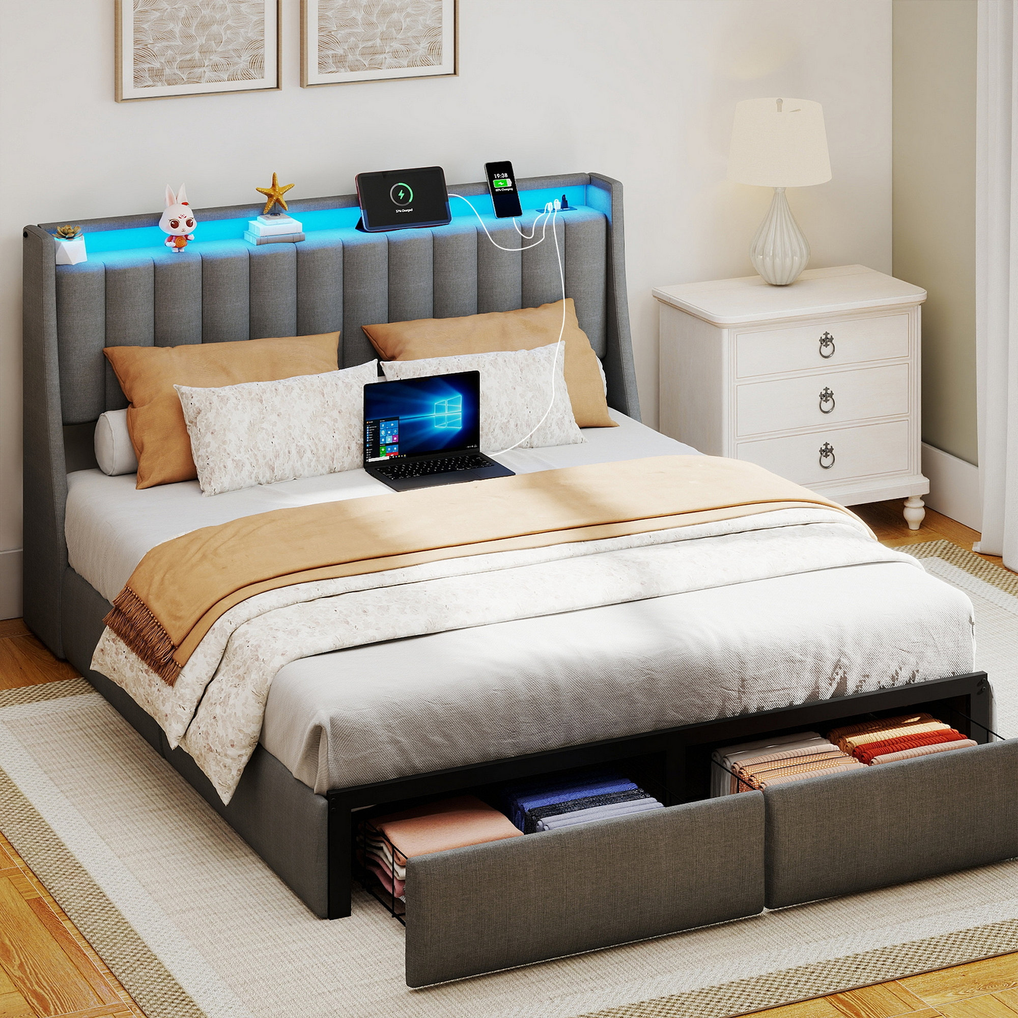 Latitude Run® Full Size Upholstered Storage Bed Frame With RGB LED ...