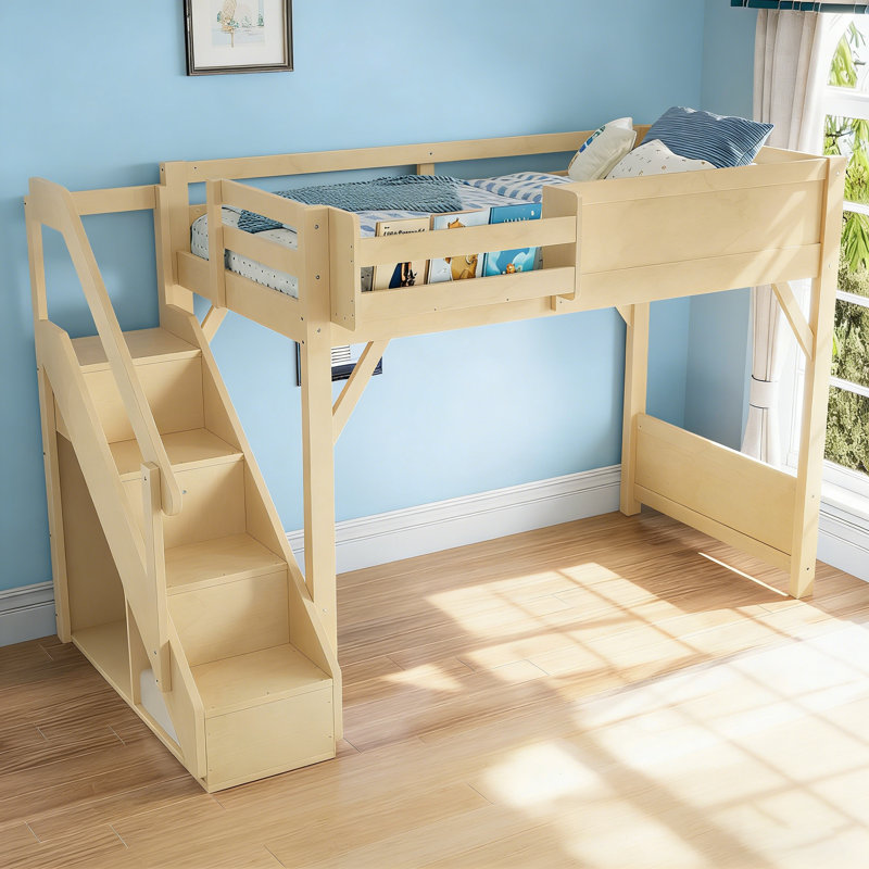 Lit mezzanine simple en bois massif avec garde-robe intégrée, rangement et tablettes à côté, garde-corps pleine longueur, escalier, aucun sommier nécessaire, naturel