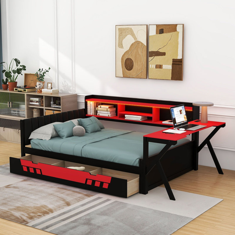 Lit de jour de jeu avec bureau, tablettes de rangement, éclairage et borne de recharge, Lit double, Black/Red