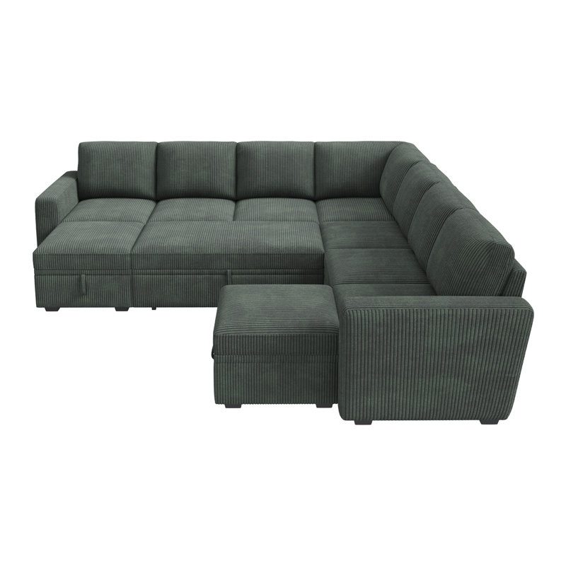 Caren Upholstered Sleeper Sectional Modular Sofa Bed With Ottoman, Green Corduroy