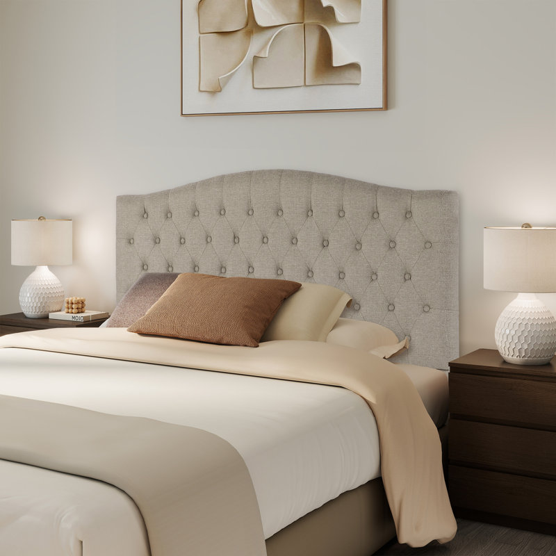 Button-Tufted Upholstered Headboard with Wall-Mount Option, Gray Linen, Full / Queen