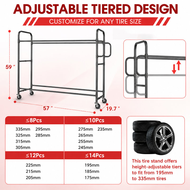 Support à pneus roulant – Support de rangement et porte-pneus robuste en métal de 145 cm (57 po) de long, avec 4 roues verrouillables et poignée auxiliaire, capacité de 227 kg (500 lb).