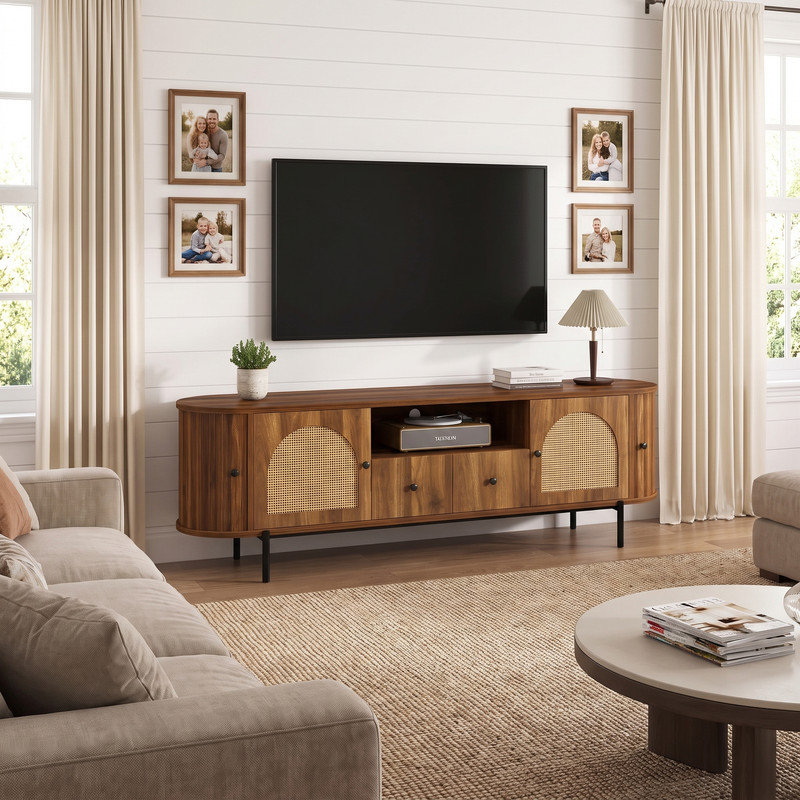 Meuble télé de style américain U-Can avec portes arquées en rotin, tiroirs, rangement dissimulé, pieds en acier, coins arrondis