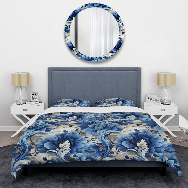 Ensemble de housse de couette bleu à motif victorien, Housse de couette pour grand lit et 2 taies décor