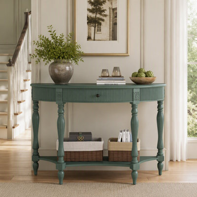 Console demi-lune en bois massif, style vintage, avec tiroir et étagère, pieds sculptés en forme de colonnes romaines, idéale pour une entrée, un salon ou un petit espace.