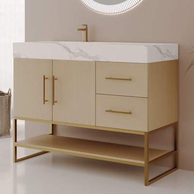 Meuble-lavabo autoportant moderne 36 po avec lavabo en céramique sans couture et plateau en pierre frittée