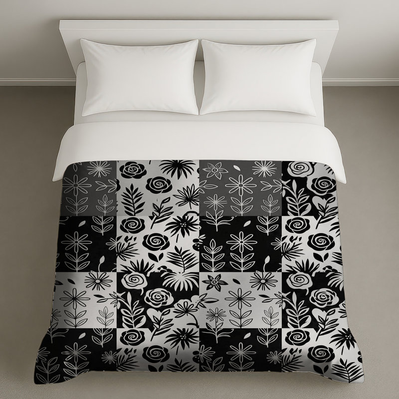 Black White Floral Pattern Duvet Covers, Queen