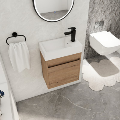 Meuble-lavabo mural de 18 po avec lavabo en résine et porte à fermeture en douceur, valeur moderne, rangement spacieux, inspiration flottante imitation chêne,