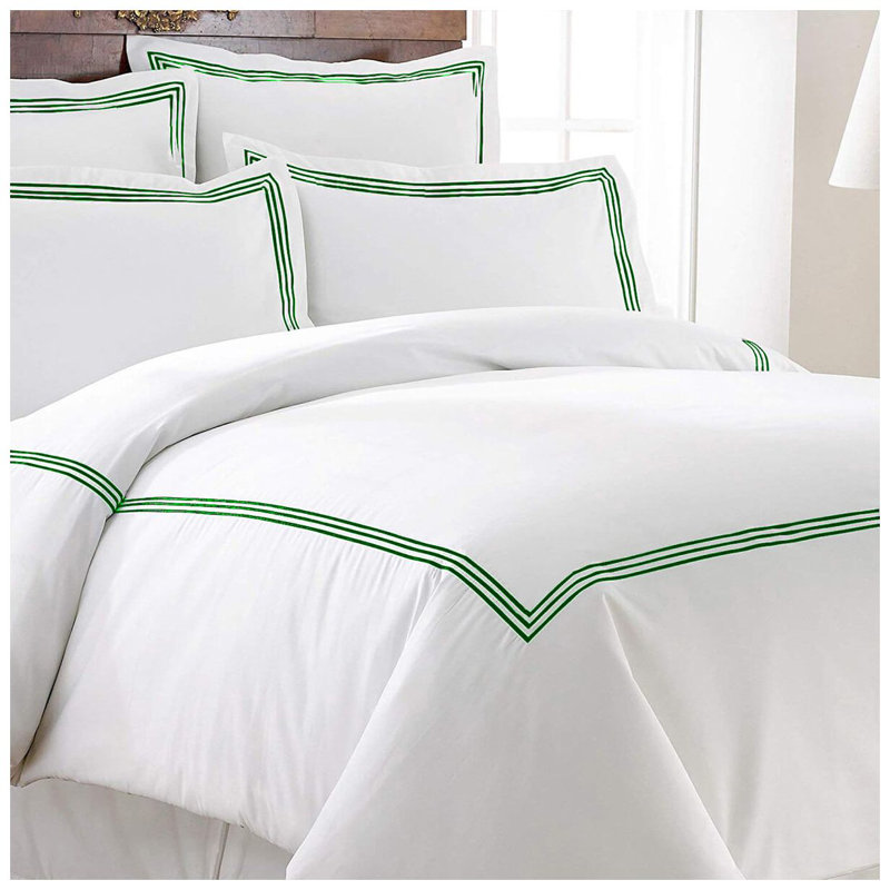 400TC Cotton Triple Embroidery Sateen Solid Duvet Cover Set, White/Green, Twin/Twin XL Duvet Cover