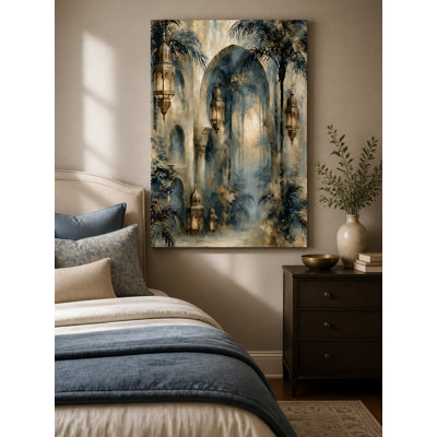 Dark Blue Arches And Lanterns Canvas Wall Art, Impressionistic Mystical Architecture Decor, Decorative Print