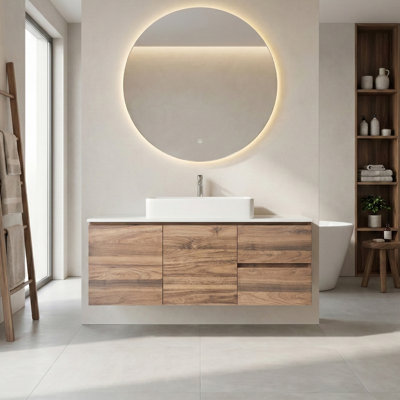 48'' Bathroom Vanity With Sink Set, Modern Floating Bathroom Vanities Cabinet With Soft Close Drawers And Large Storage, Brown Walnut Wall Mounted Single Sink Bathroom Vanity