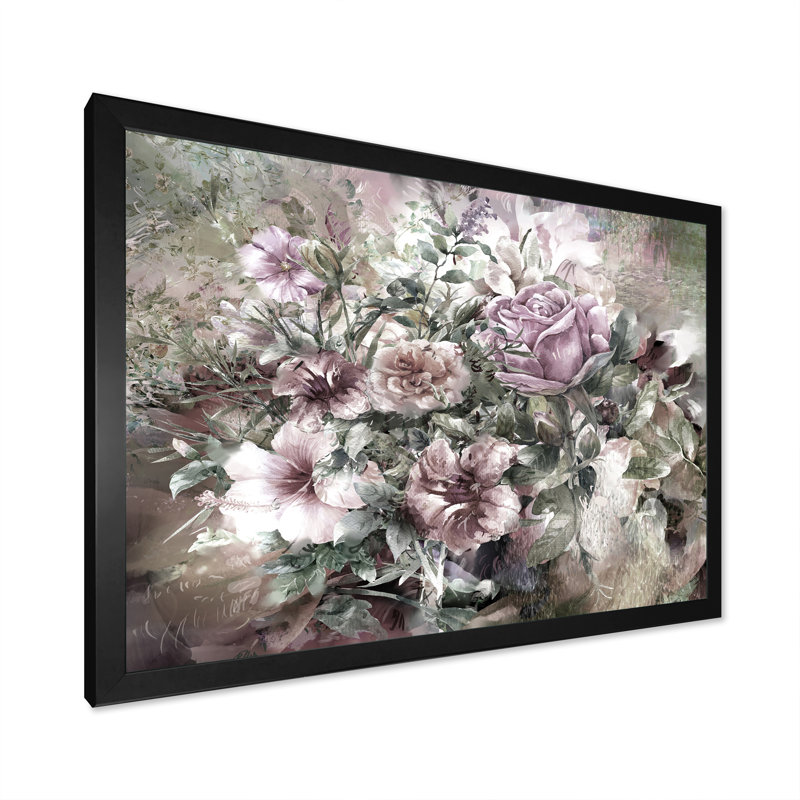 " Grunge Pink Grey Summer Flowers ", Black Picture Framed, 24'' H x 36'' W x 1'' D