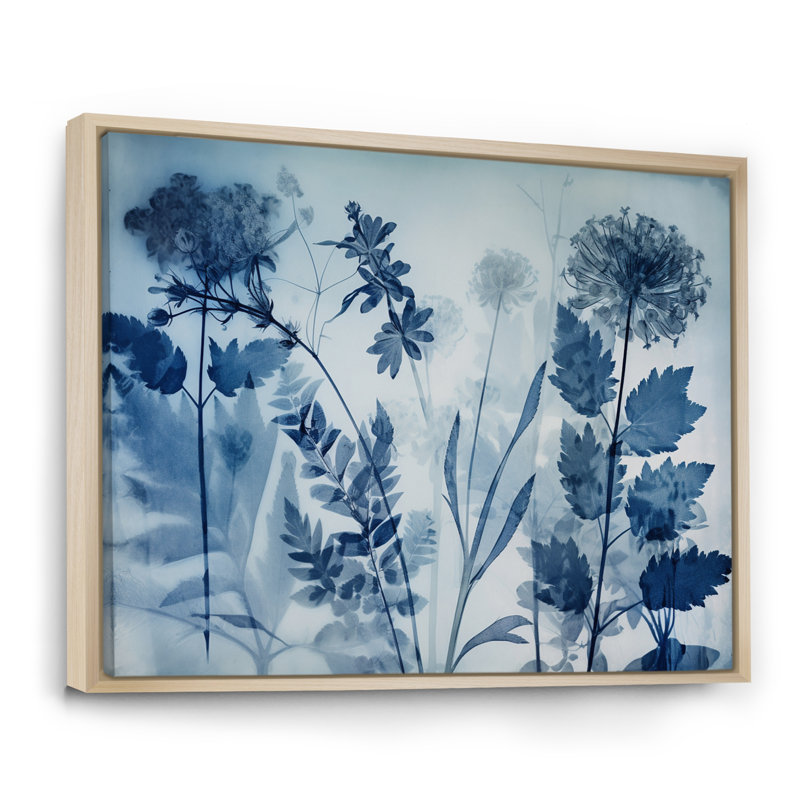 Fleurs botaniques rétro en bleu délavé - impression, Cadre naturel flottant, H 24 po x l 32 po x P 1 po