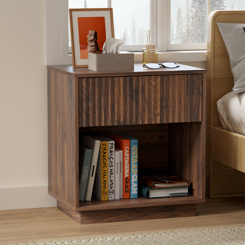 Table de chevet en bois avec 1 tiroir et casier ouvert - Rangement de chevet compact, Brown, Individuel