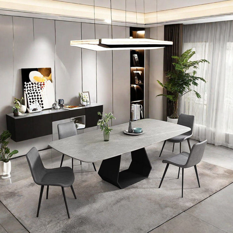 Modern Luxurious Rock Plate Dining Table Chair Set 4 - Person Pedestal Dining Set, 29.5" H x 55.1" L x 31.4" W
