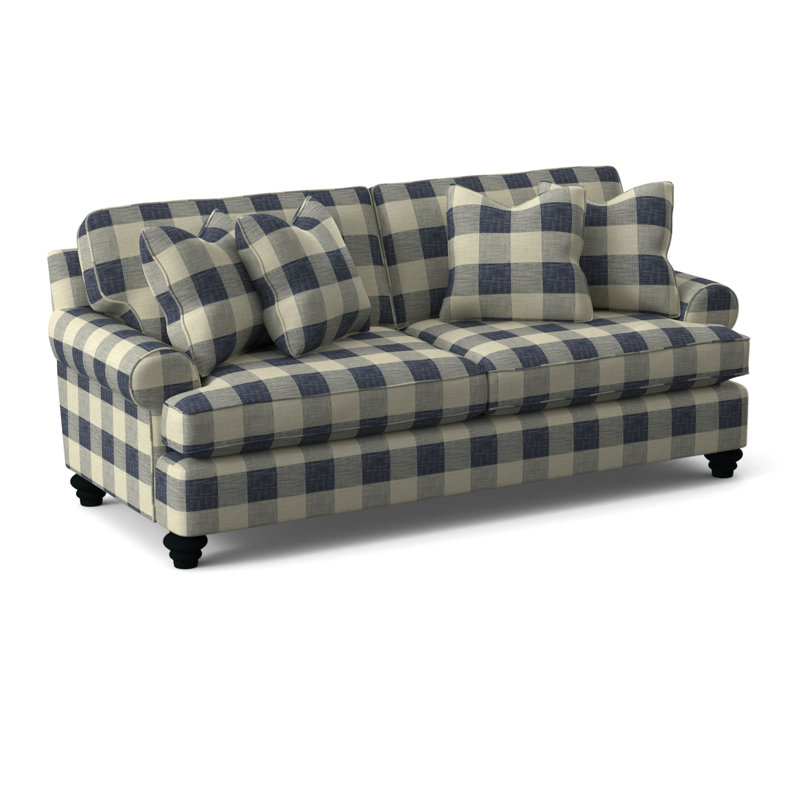 Lowell 86'' Upholstered Sofa, Black Finish, Blue Buffalo Check; 0120-61