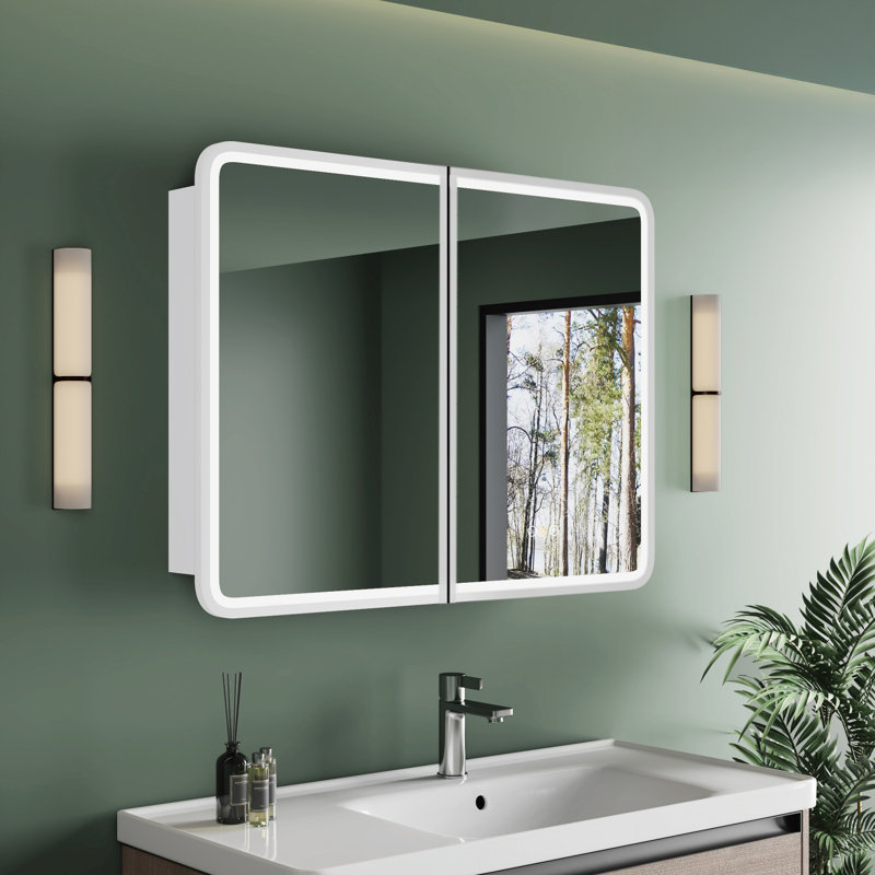 Armoire à pharmacie Brendyn 32 po L x 30 po H avec miroir, éclairage DEL à intensité et couleur réglables, antibuée, fonction mémoire, étagères en verre réglables, montage encastré ou en surface, certifiée ETL