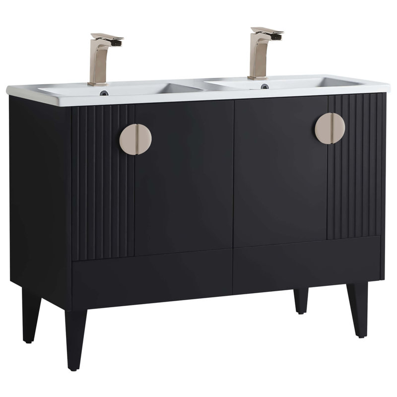 Ensemble de meuble-lavabo double 47 po Saimah, Noir, Nickel satiné
