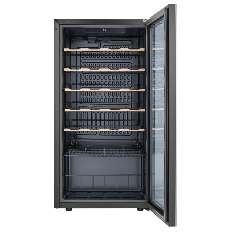 Cave à vin et réfrigérateur à boissons combinés, 28 bouteilles, 105 canettes, pose libre, double zone, porte réversible, éclairage DEL 3 couleurs, étagères réglables (2 unités)