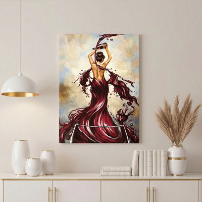 «Wine Versing Woman In Red Dress», reproduction de peinture à l'huile sur toile, art mural