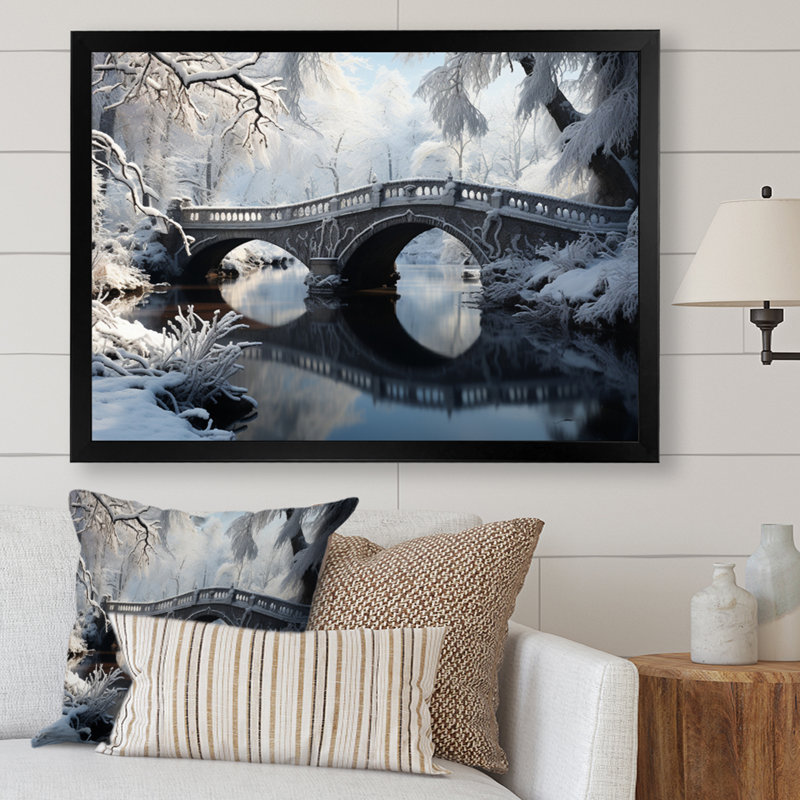 Winter Landscape Snowy Bridges I - Winter Landscape, art mural encadré, H 12 po x l 20 po x P 1 po, Cadre simple noir