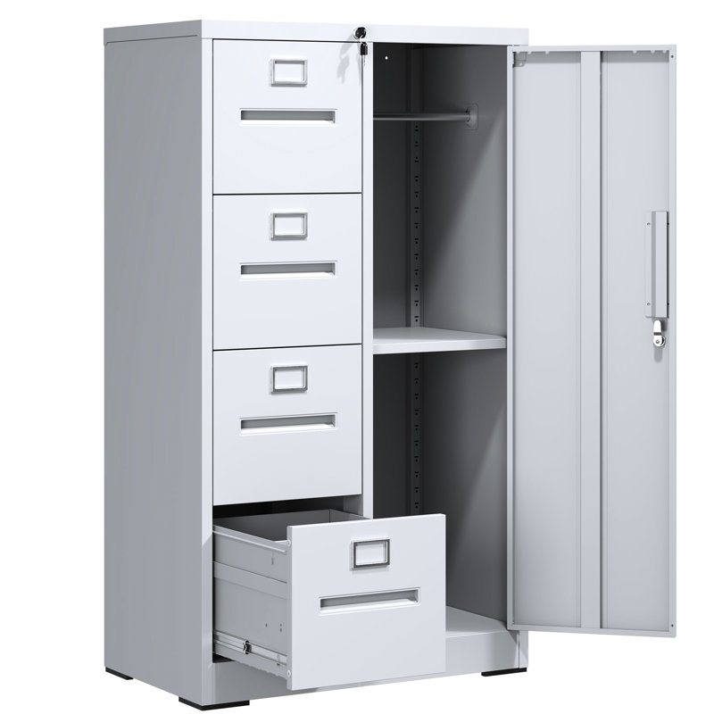 Office Vertical File Locker In White With 4 Drawers And Lock - Build, Silent Drawer Movement, Adjustable Rails, White