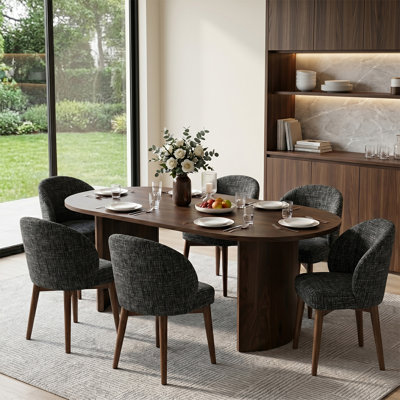 Modern 79" Oval Dining Set With 6 Upholstered Dining Chairs