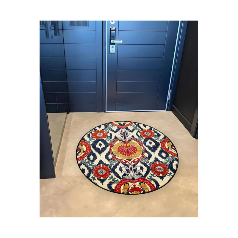 Multicolored Motif Traditional Patterned Round Woven Base Vintage Decorative Carpet, Round 5'