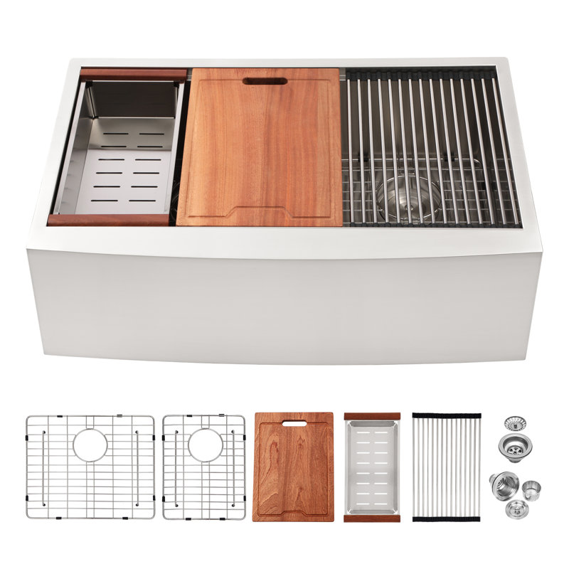 Double Bowl Farmhouse Sink Workstation - 33 Inch Kitchen Sink Stainless Steel 16 Gauge Apron Front Kitchen Sink